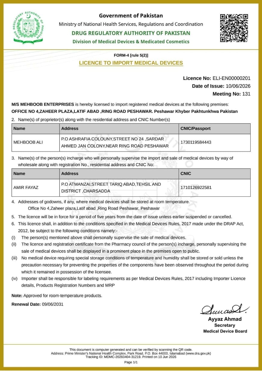 Official DRAP Form-4 Import License - Mehboob Enterprises Peshawar